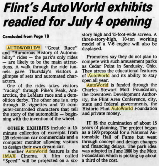 AutoWorld (Six Flags AutoWorld) - 1984 Article On Opening